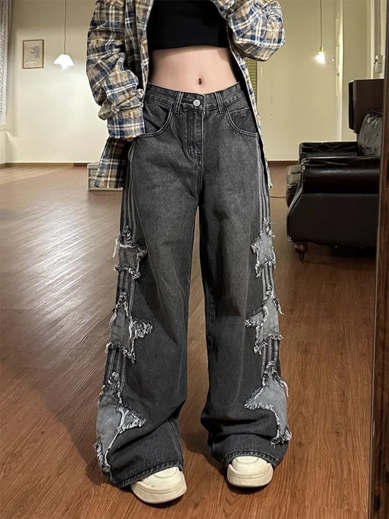Women's Black Denim Star Print Y2k Wide Leg High Rise Waisted Baggy Jeans